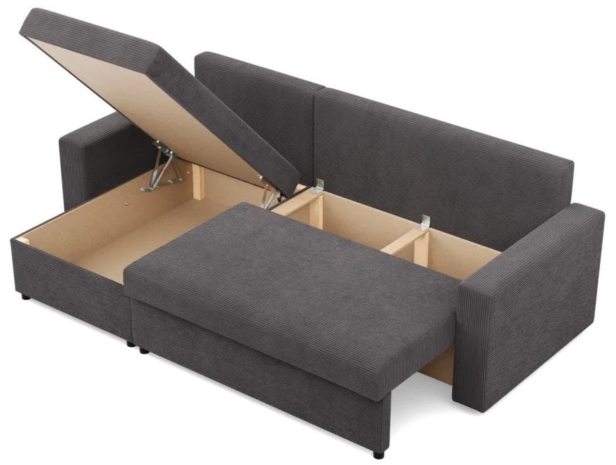 Zeus sarokkanapé, 2 ágyneműtartóval, egyenes kartámasz, kordbársony, univerzális oldal, hab töltet, szürke