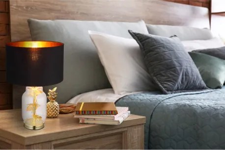 Globo 24141M Asztali lámpa sárgaréz színű fém, átlátszó üveg, fekete textil, aranyszínű műanyag, fekete PVC kábel, billenőkapcsoló a kábelen, ø: 250mm, M: 380mm, kábel hossza 1500mm, 1x E27 40W 230V izzó nélkül