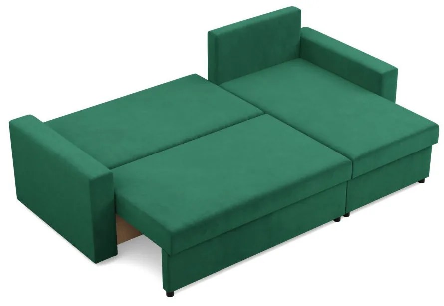 Zeus sarokkanapé, 2 ágyneműtartóval, egyenes kartámasz, bársony, univerzális oldal, bonell töltet, zöld