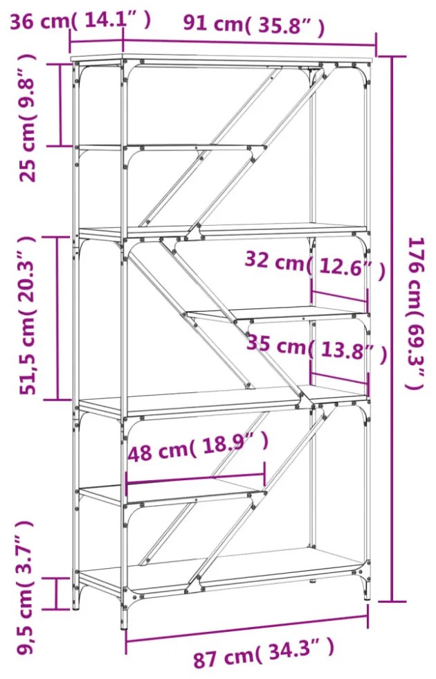 füstös tölgy szerelt fa és acél könyvespolc 91x36x176 cm