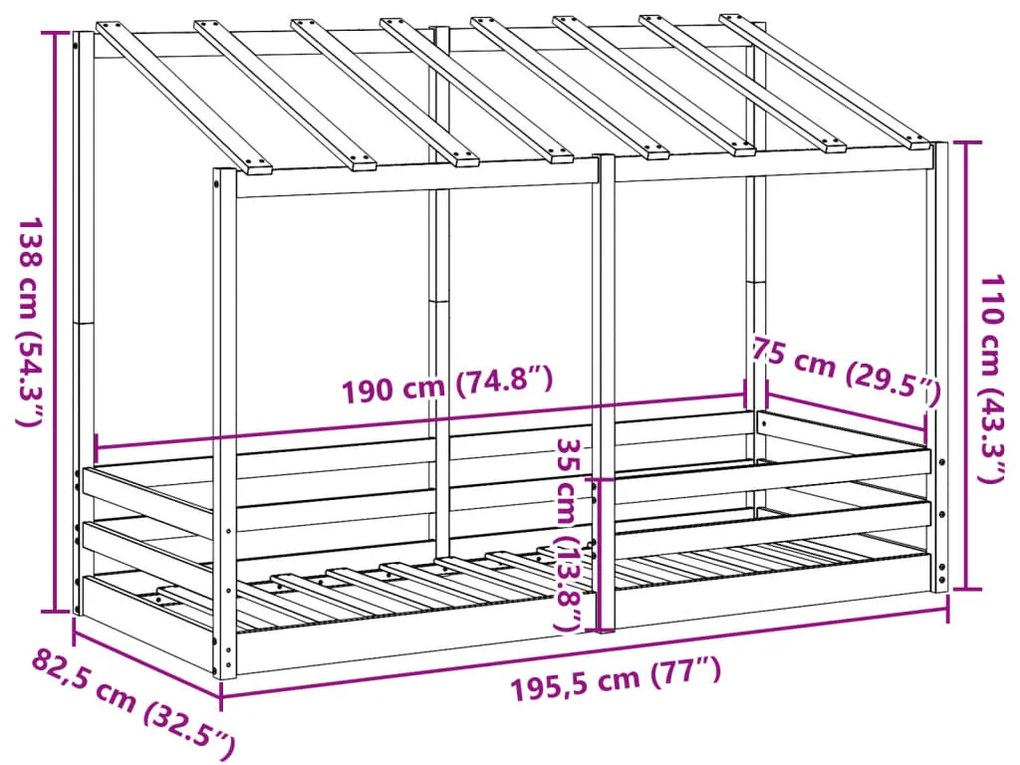 viaszbarna tömör fenyőfa gyerekágy tetővel 75 x 190 cm