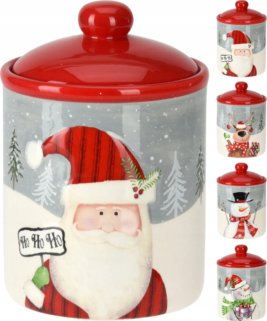 Karácsonyi üveg, átmérő 12,5x18 cm, tetővel, kerámia dekorok keveréke