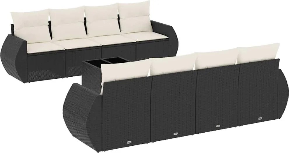 vidaXL 9 részes fekete polyrattan kerti ülőgarnitúra párnákkal