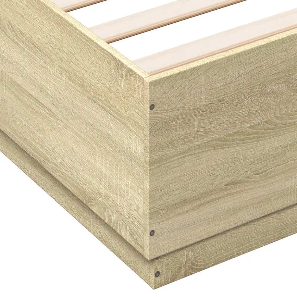 sonoma tölgy színű szerelt fa ágykeret LED-del 200 x 200 cm