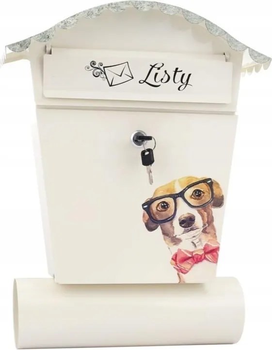 Kézzel Festett Kutya Postaláda -1 Fehér, Tubusos