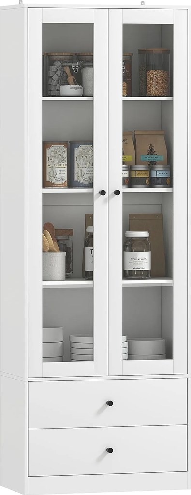 HOMCOM Többcélú Konyhai Tálalószekrény Kábellel és 2 Fiókkal, Nappali és Ülőbútor Üvegajtókkal és Állítható Polcokkal, 59x30x164 cm, Fehér | Aosom