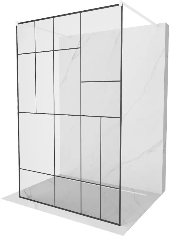 Mexen Kioto, átmenő zuhany paraván 110 x 200 cm, 8mm átlátszó / fekete üvegminta, 2x fehér stabilizáló távtartó, 800-110-002-20-78