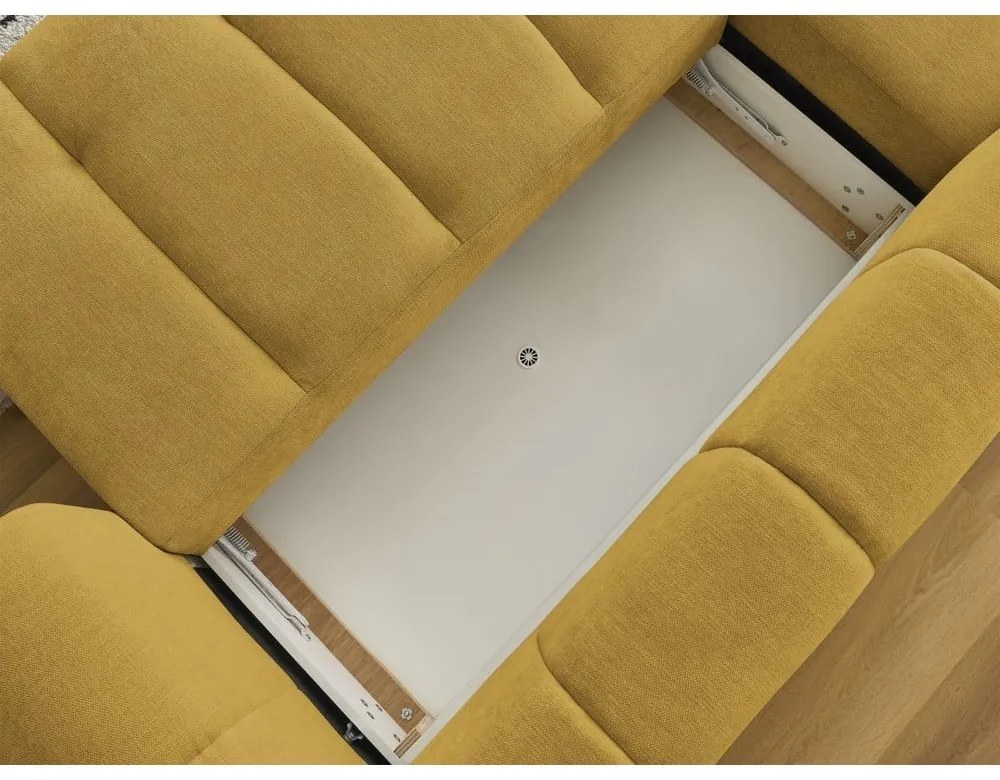 Mustársárga kinyitható-tárolóhelyes sarokkanapé (bal oldali-heverő résszel) Fuji – Bobochic Paris