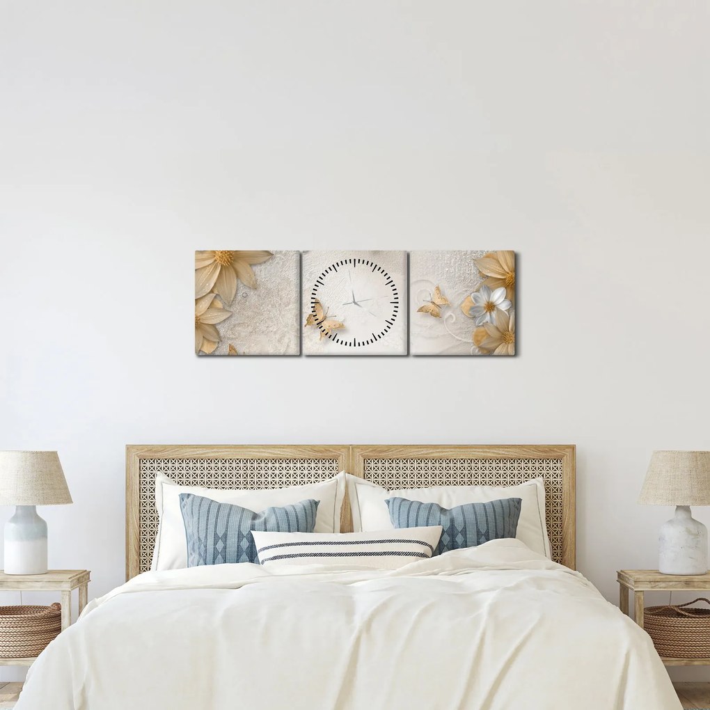 Kép - virágok pillangókkal (órával) (90x30 cm)
