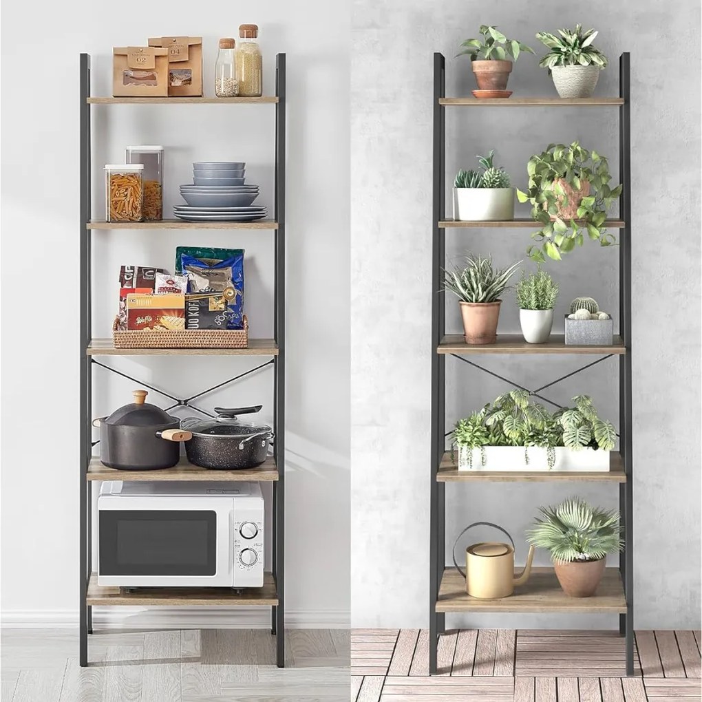 KÉSZLETKISÖPRÉS! Intenso Home 5 szintes nyitott könyvespolc / virágállvány 56 x 172cm, döntött design, modern tölgy szín | Univerzális tároló állvány fém lábakkal