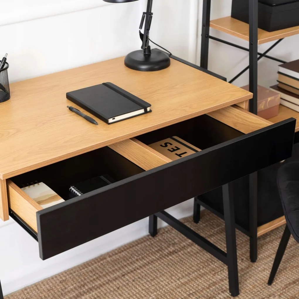 Fiókos íróasztal / számítógépasztal 83×48 cm, masszív fém vázzal, fekete–aranytölgy – Intenso Home