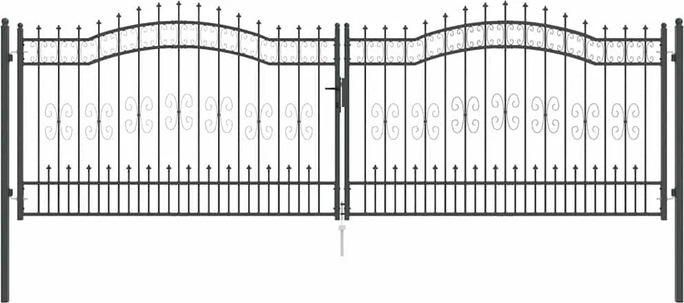 vidaXL Kerítéskapu Lándzsa Tetejével zárral Szürke 404 x 125 cm Acél