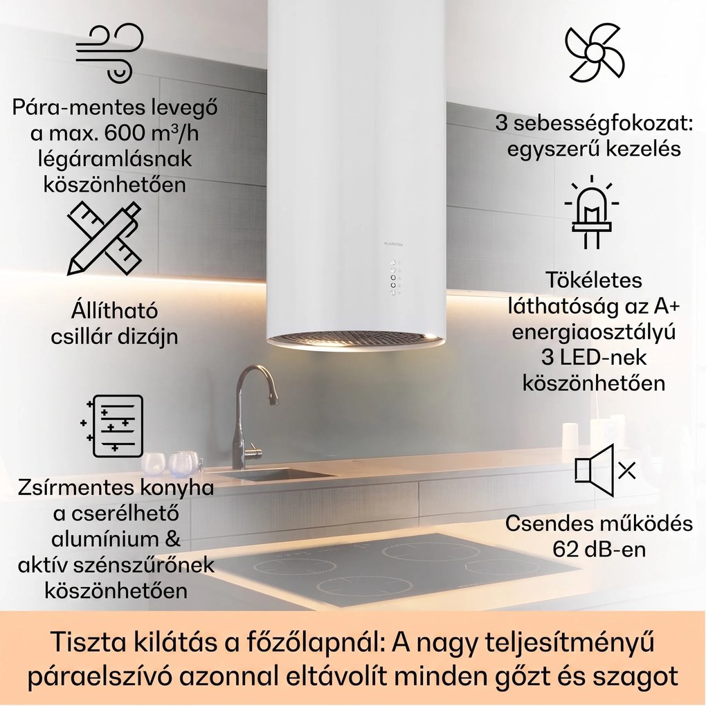 Klarstein Bolea, sziget páraelszívó, Ø 90 cm, recirkulációs/elszívás üzemmód, 651 m³/ó, LED, aktívszén szűrőkkel