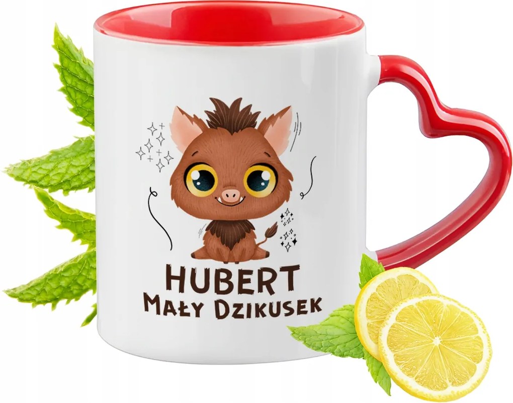 Piros bögre szív alakú füllel Hubertnek ajándékba