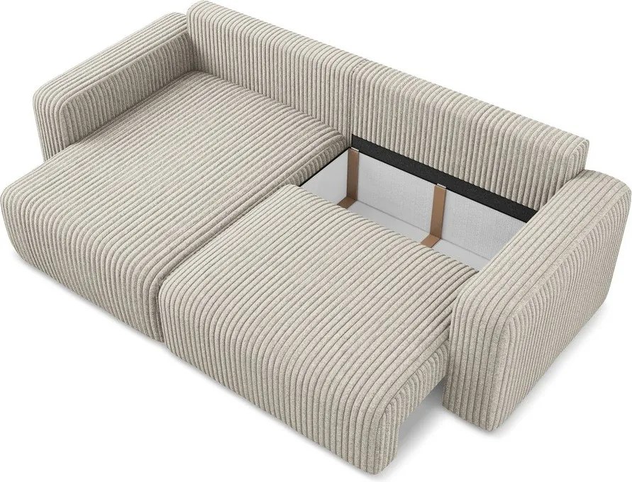 Bézs kordbársony kinyitható-tárolóhelyes sarokkanapé (bal oldali-heverő résszel) Kona – Makamii