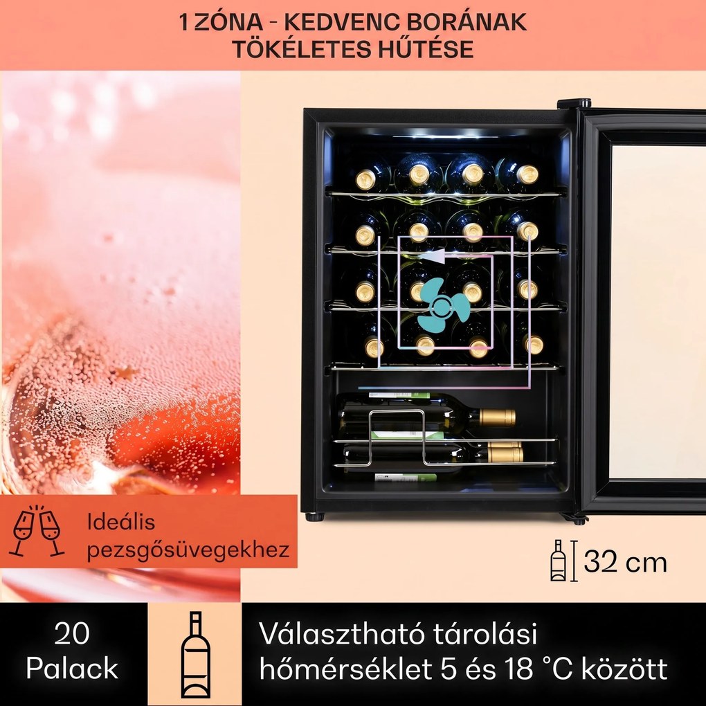 Klarstein Shiraz 20 Uno, borhűtő, 53 liter, 20 palack, 5-18°C, érintőképernyős vezérlőpanel