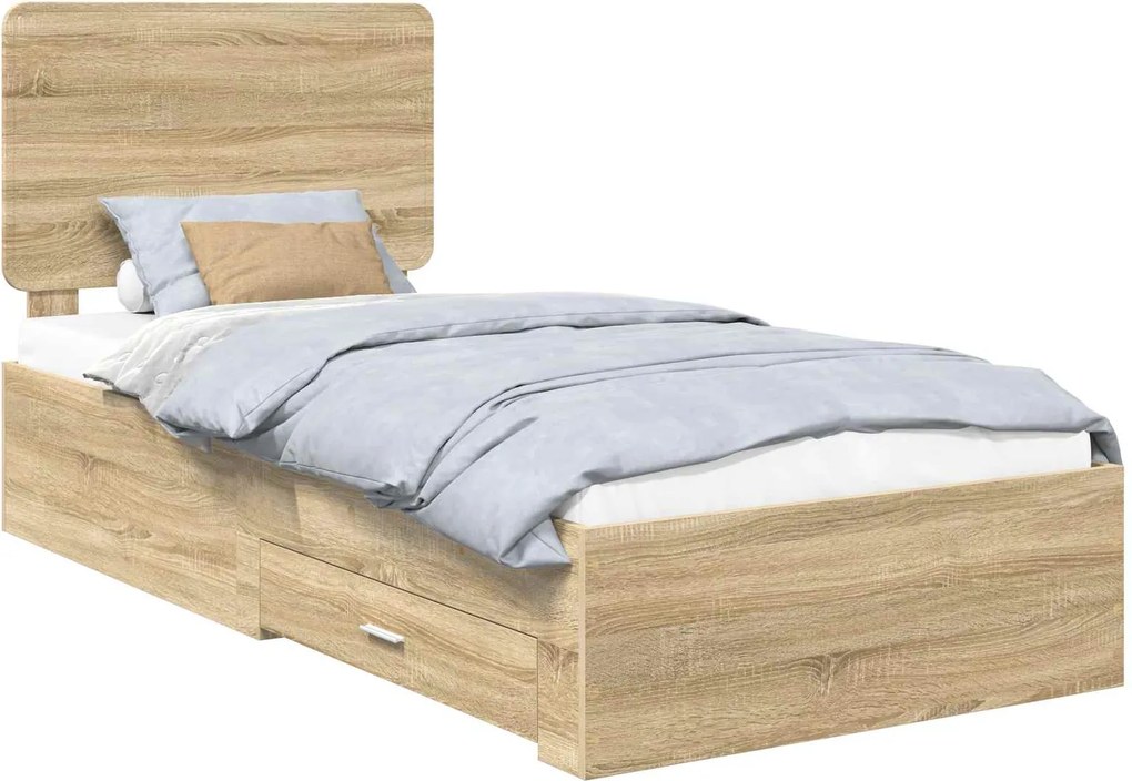 vidaXL Ágykeret fejtámlával fiókkal Sonoma tölgy 90 x 200 cm Faanyag