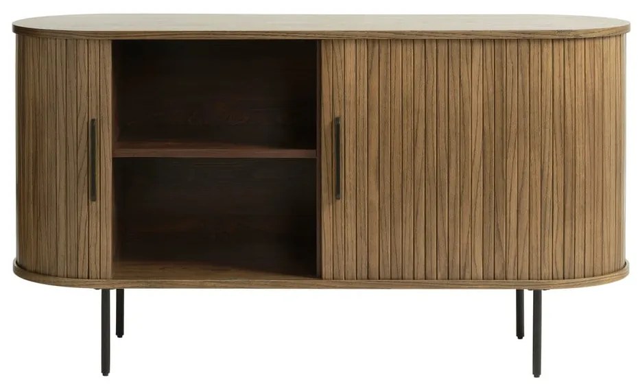 Barna alacsony komód tolóajtóval, tölgyfa dekorral 140x76 cm Nola – Unique Furniture