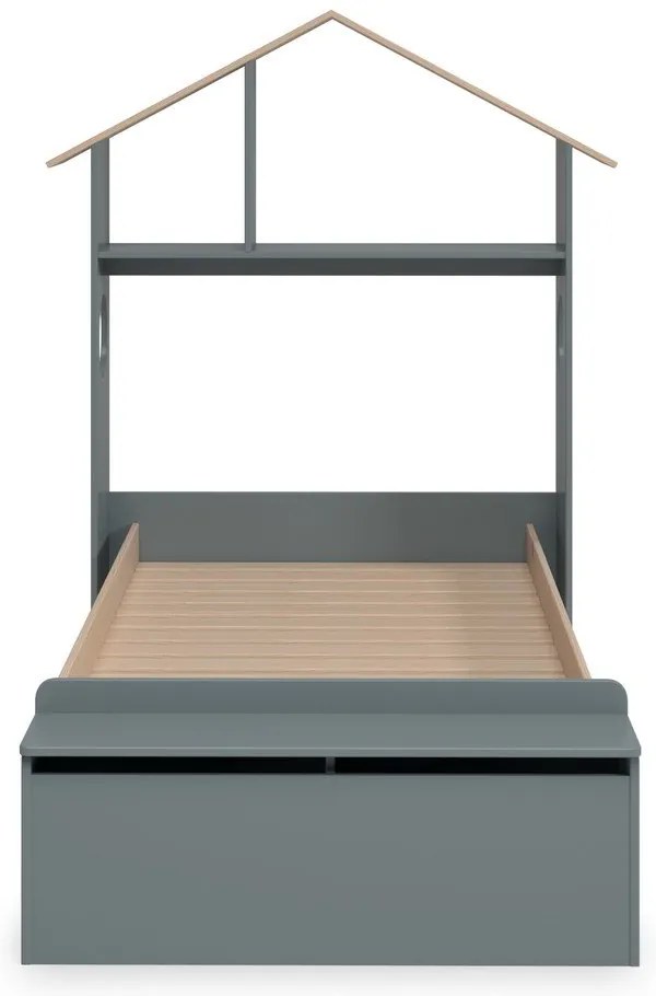 Natúr színű-szürkészöld ágyneműtartós házikó alakú gyerekágy ágyráccsal 90x190 cm borovi fenyő dekorral Odessa – Marckeric