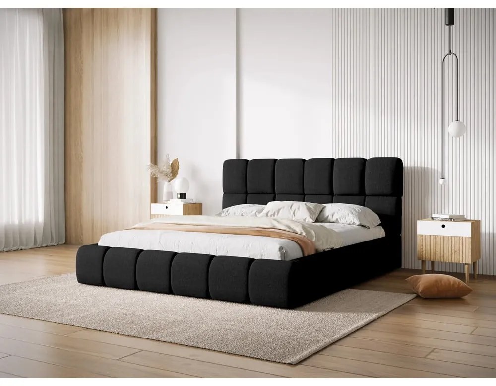 Fekete kárpitozott franciaágy tárolóhellyel, ágyráccsal 180x200 cm Bellis – Micadoni Home