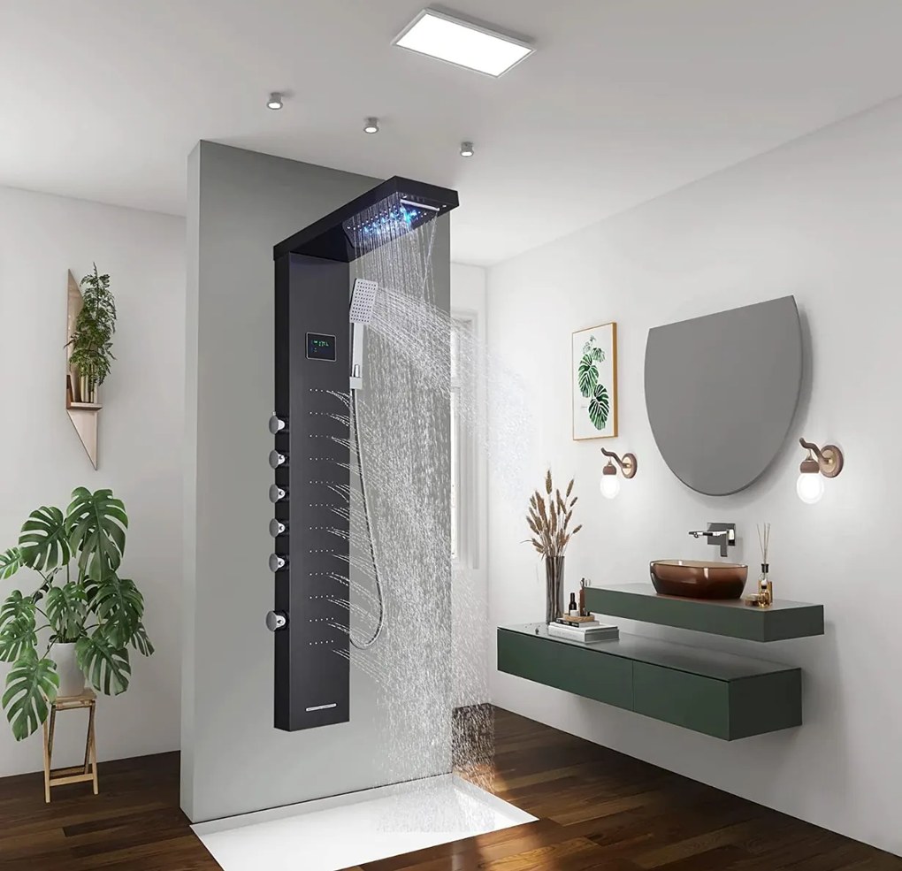 Zuhanyrendszer EYN BSP2040 LED-kijelzővel, vízesés kifolyóval, többféle színváltozatban — Fekete