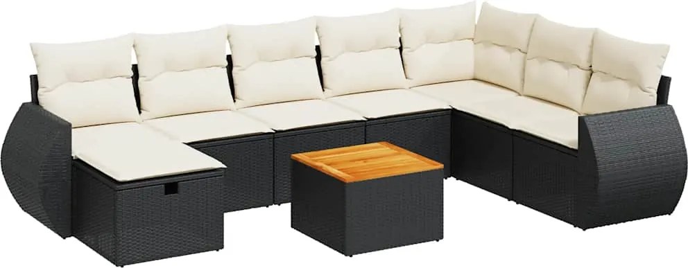 vidaXL 9 részes fekete polyrattan kerti ülőgarnitúra párnákkal