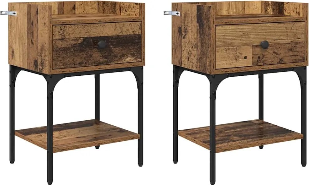 vidaXL Éjjeli asztal fiókkal 2 pcs Öreg fa 40 x 29 x 60 cm Faanyag