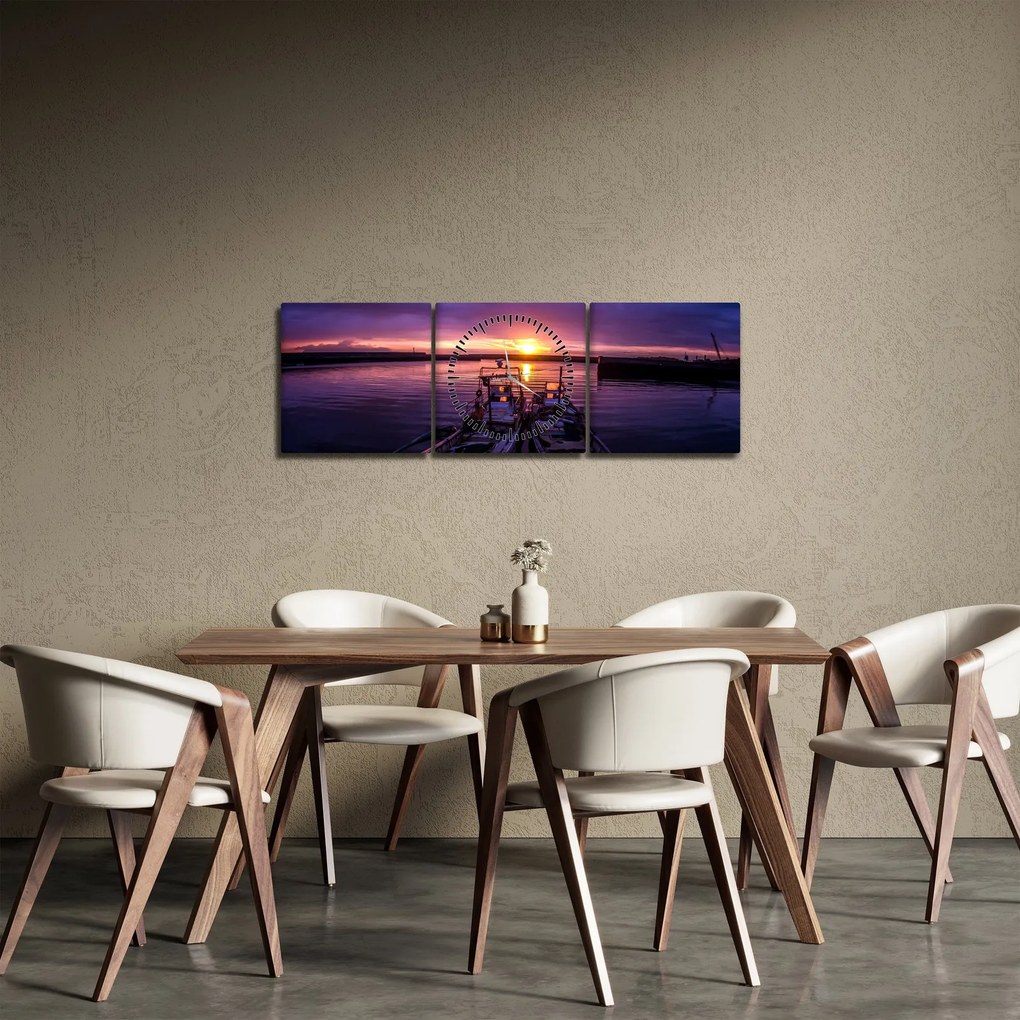 Egy halászhajók képe egy kikötőben (órával) (90x30 cm)