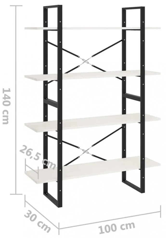 négyszintes fehér tömör fenyőfa könyvszekrény 100 x 30 x 140 cm