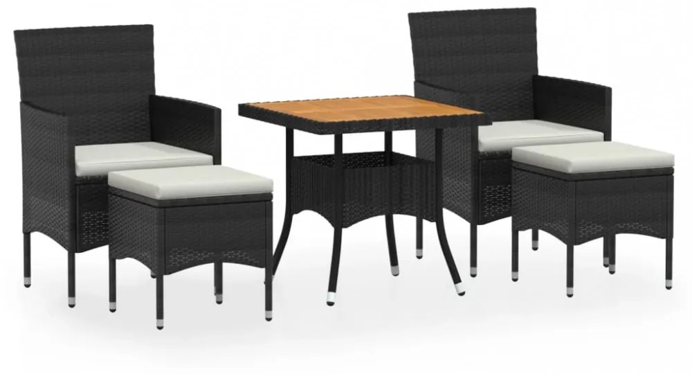 5 részes fekete polyrattan/tömör akácfa kerti étkezőgarnitúra