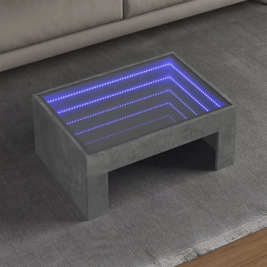Betonszürke végtelen hatású LED-es dohányzóasztal 70x50x30 cm