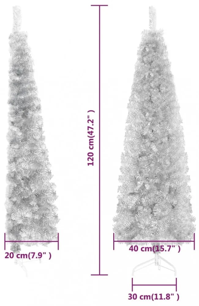 ezüst vékony fél műkarácsonyfa állvánnyal 120 cm