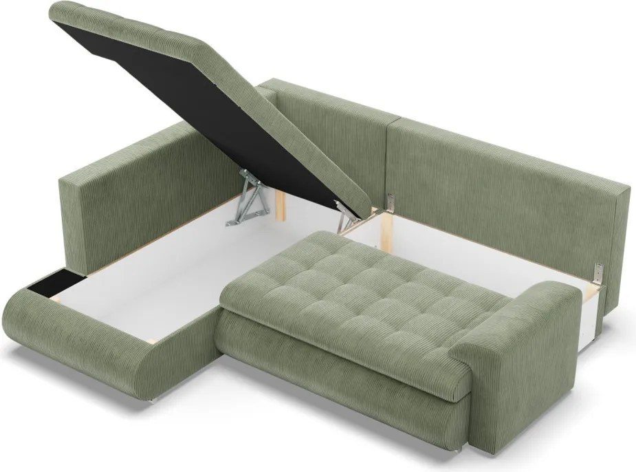 Tokio sarokkanapé, L alakú háttámlával, 2 ágyneműtartóval, kordbársony, baloldali, zöld