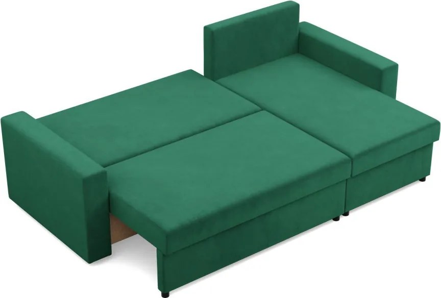 Zeus sarokkanapé, 2 ágyneműtartóval, egyenes kartámasz, bársony, univerzális oldal, hab töltet, zöld