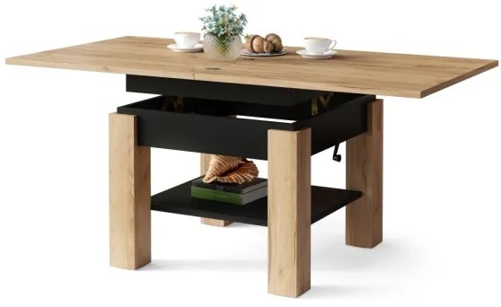 Átalakítható CALEB dohányzó/étkezőasztal emelhető lappal, tölgy craft/fekete