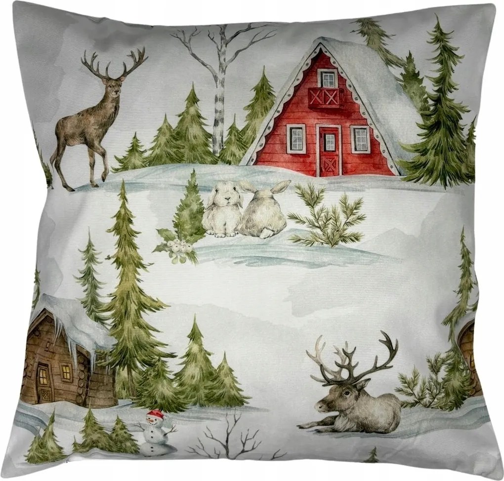 Dekoratív Karácsonyi Párnahuzat Házikók Rénszarvas Szarvas Karácsonyfa 45x45