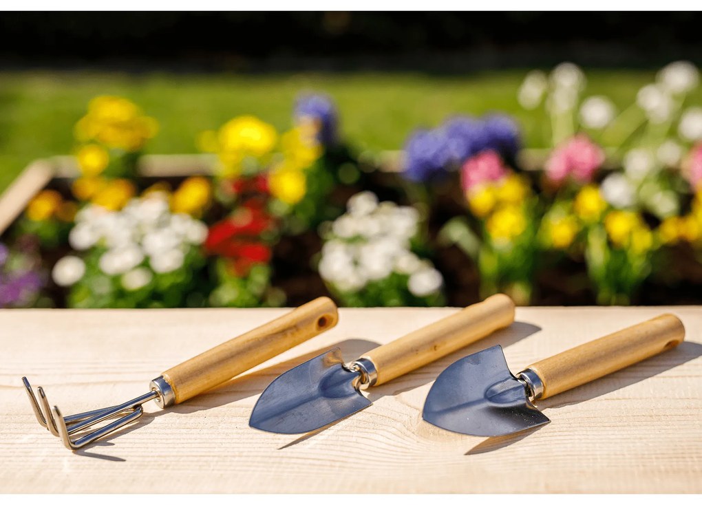 Kerti szerszámok, 3 db-os szett, természetes fa/ezüst, VERDE