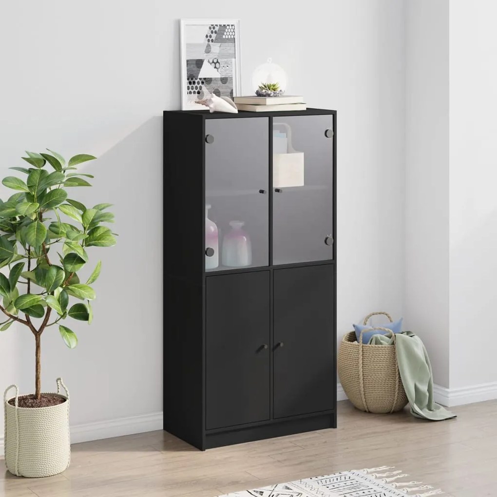 fekete szerelt fa magasszekrény ajtókkal 68x37x142 cm