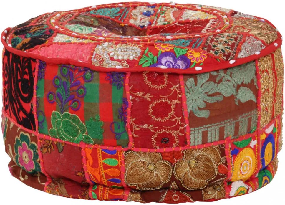 kézzel készült kerek piros pamut patchwork puff 40 x 20 cm