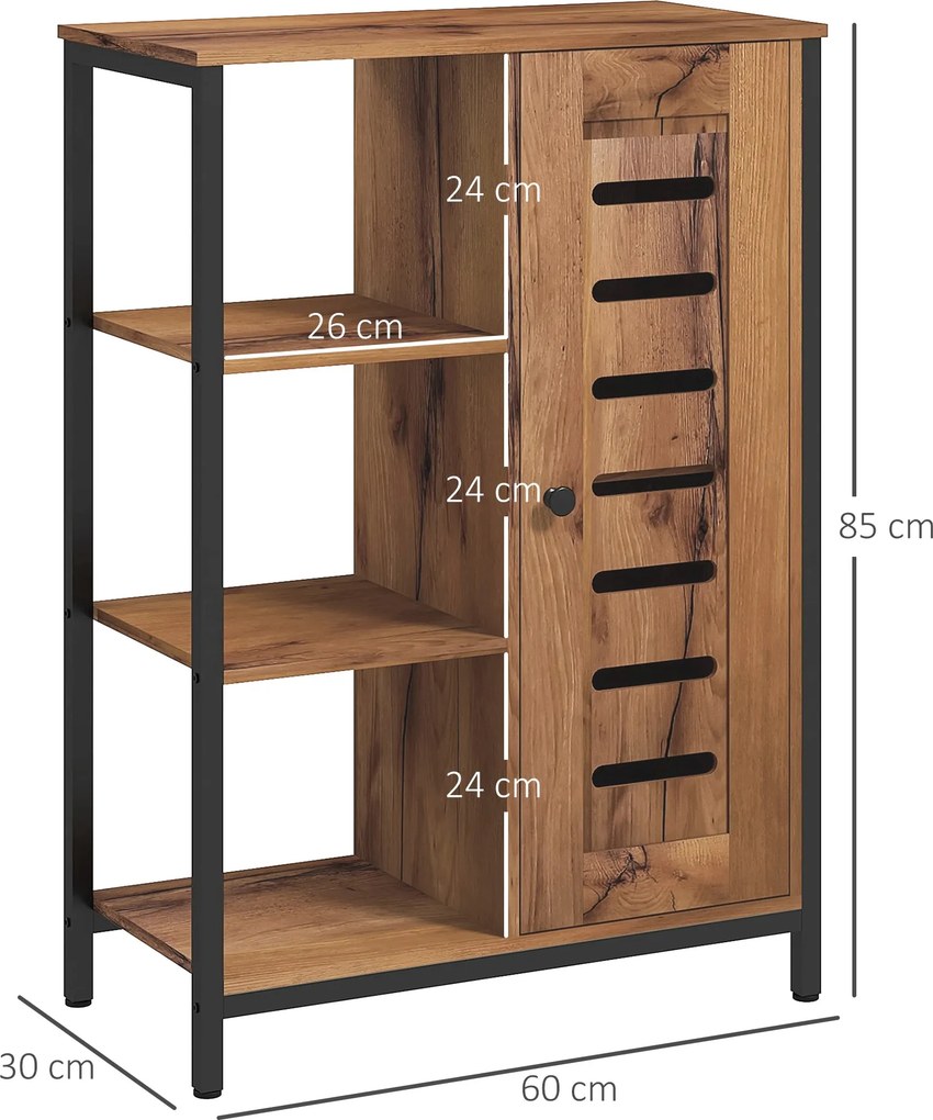 Kleankin Ipari Stílusú Fürdőszobabútor, Acél Váz, 3 Nyitott Polc, 2-szintes Szekrény, Rácsos Ajtó, 60 x 30 x 85 cm, Rusztikus Barna | Aosom