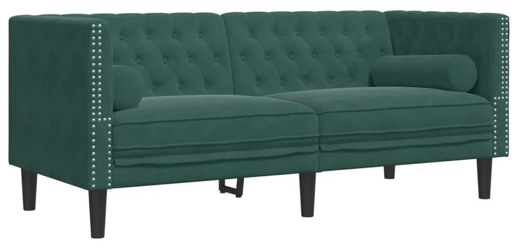 2 személyes sötétzöld bársony hengerpárnás Chesterfield kanapé