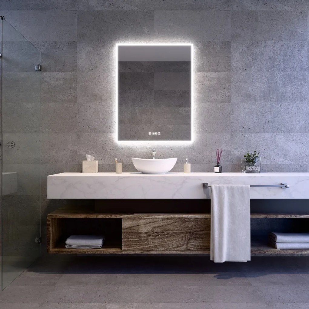 Álló fürdőszobai LED tükör 70x90cm | Páramentesítő funkció | Beépített óra | Fényerő és színhőmérséklet szabályozás | Welland Luxury-Line G773
