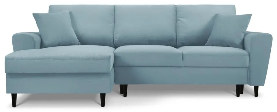 Világoskék kordbársony kinyitható tárolóhelyes sarokkanapé (bal oldali-heverő résszel) Kyoto – Cosmopolitan Design