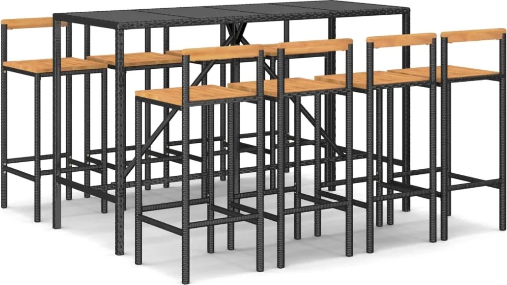 vidaXL 9 részes fekete polyrattan és tömör akácfa kerti bárszett