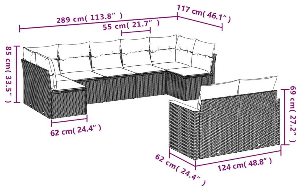 9 részes szürke polyrattan kerti ülőgarnitúra párnákkal