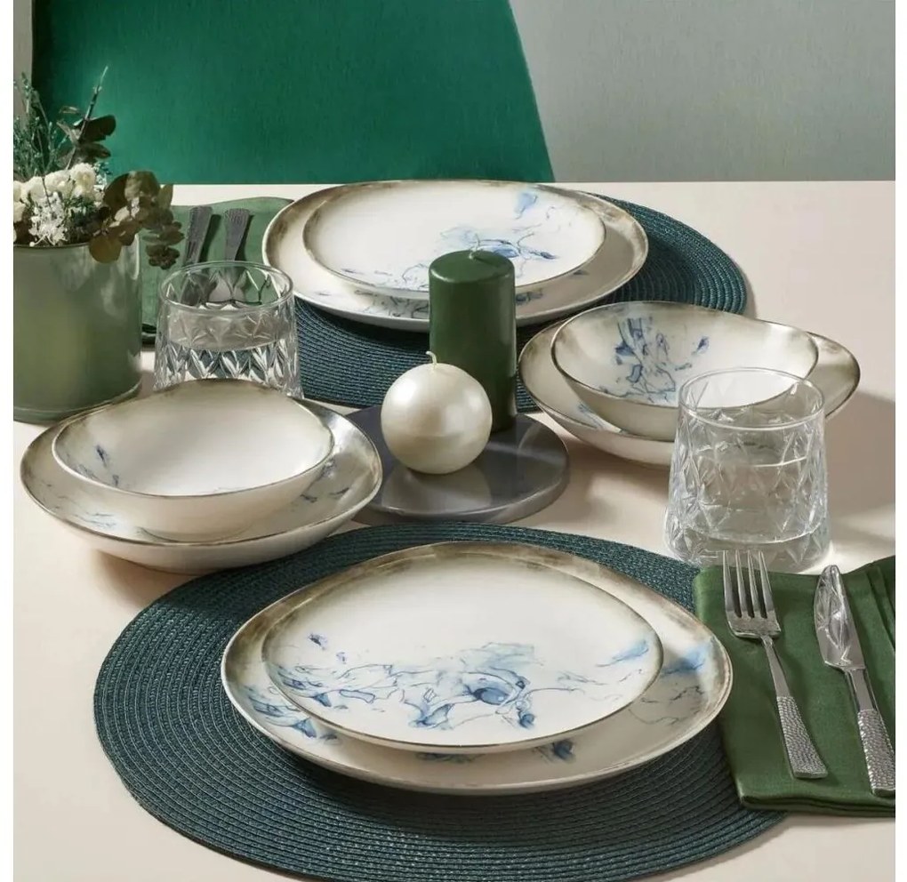 24 darabos étkészlet, fehér/kék, porcelán