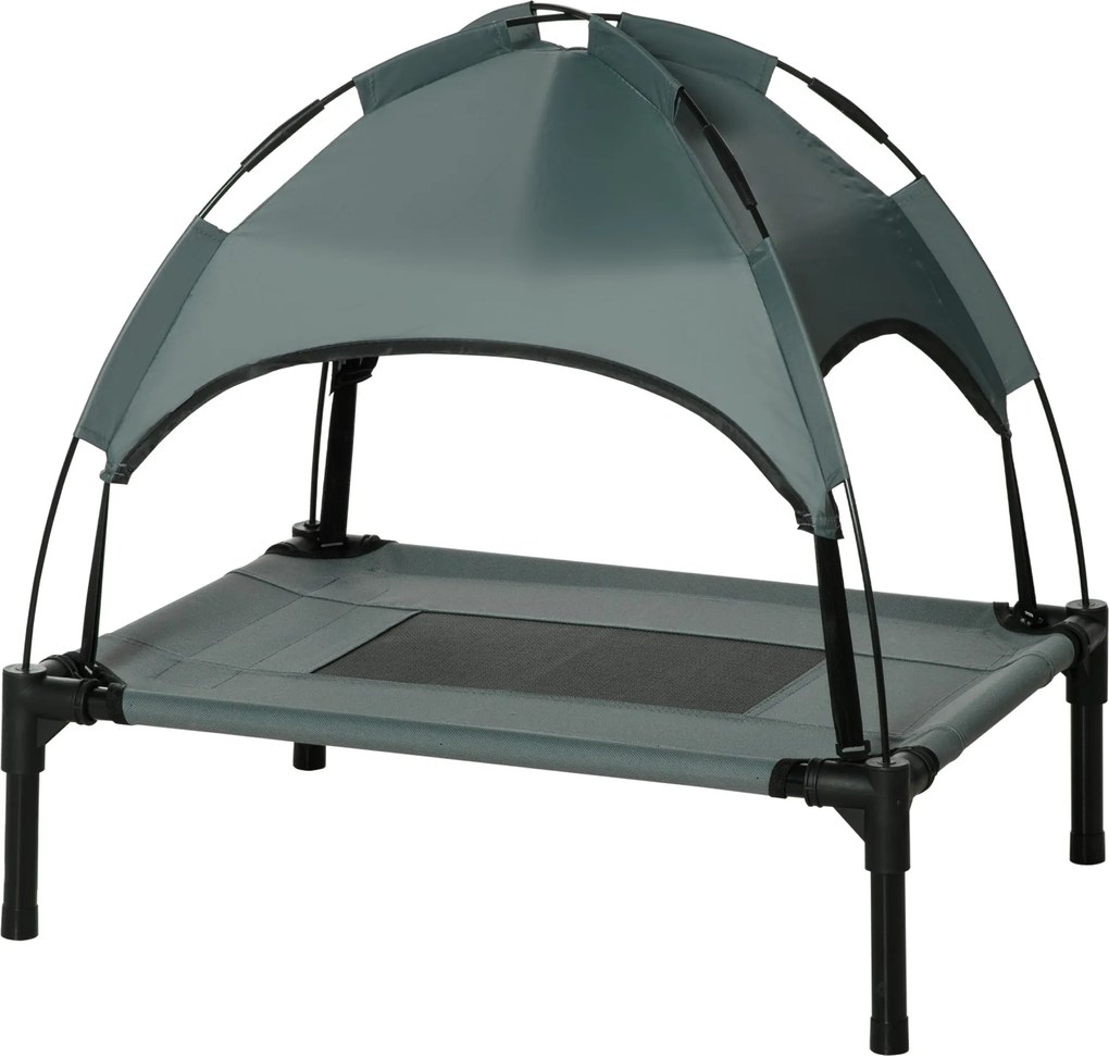 PawHut Magasított Kutyaágy Napernyővel, Pet Ágy, Kutya Pihenőhely Szabadtéri Használatra Tetővel, Lélegző, Taft Anyag Kempinghez Szürke 61 x 46 x 62 c