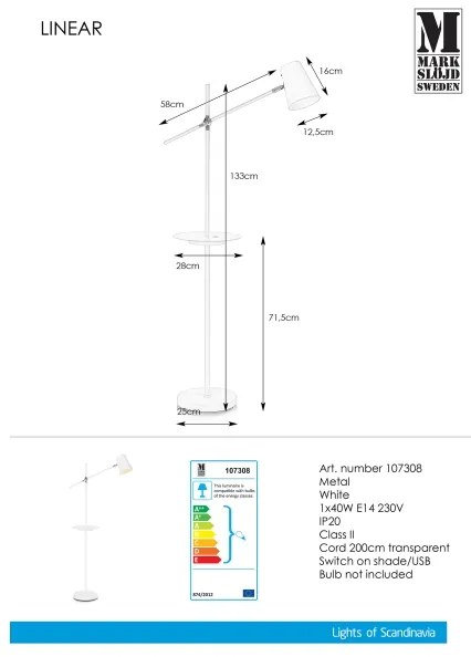 Markslöjd 107308 - Állólámpa USB -vel  LINEAR 1xE14/40W/230V