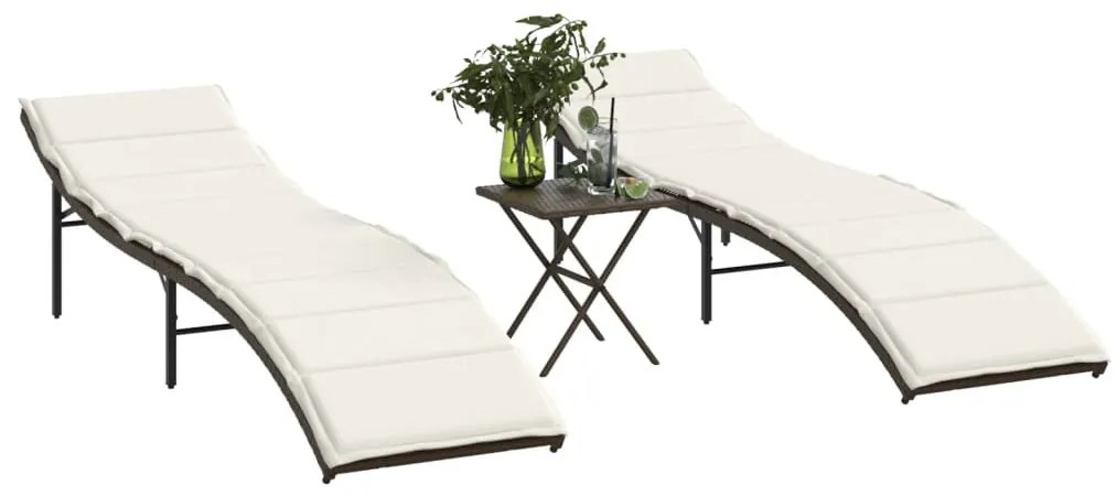 2 db barna polyrattan napozóágy asztallal
