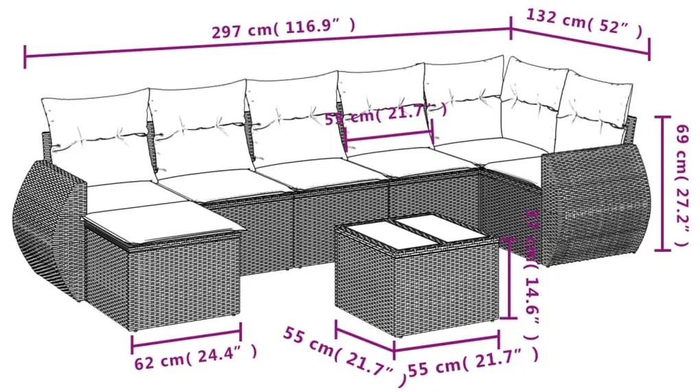 9 részes világosszürke polyrattan kerti ülőgarnitúra párnával